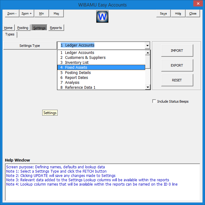 21. WIBAMU - Settings Section, Selecting Settings Type
